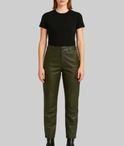 Clara Women’s Cargo Style Green Leather Pant-Front