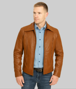 George Men's Brown Leather Jacket - Clearance Item-FrontView