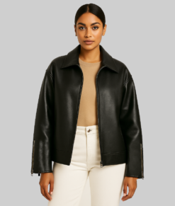 Grace Women's Black Oversized Leather Jacket - Clearance Item-FrontView