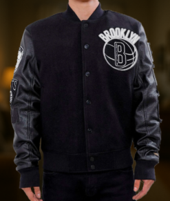 Kewin Men's Black Net Varsity Leather Jacket - Clearance Item-FrontView