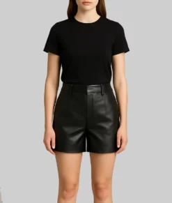 Kirsten Women&rsquo;s Regular Style Black Leather Shorts-Front