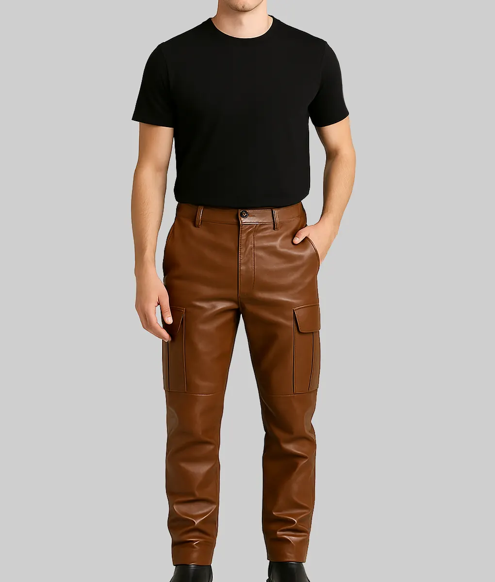 Kris Men’s Cargo Style Brown Leather Pant-Front