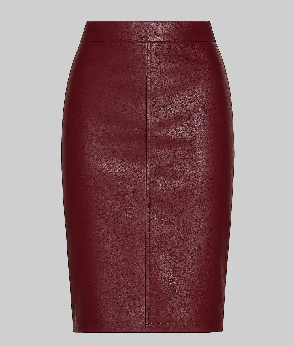 Lilly Women’s Burgundy Pencil Style Leather Skirt-Front