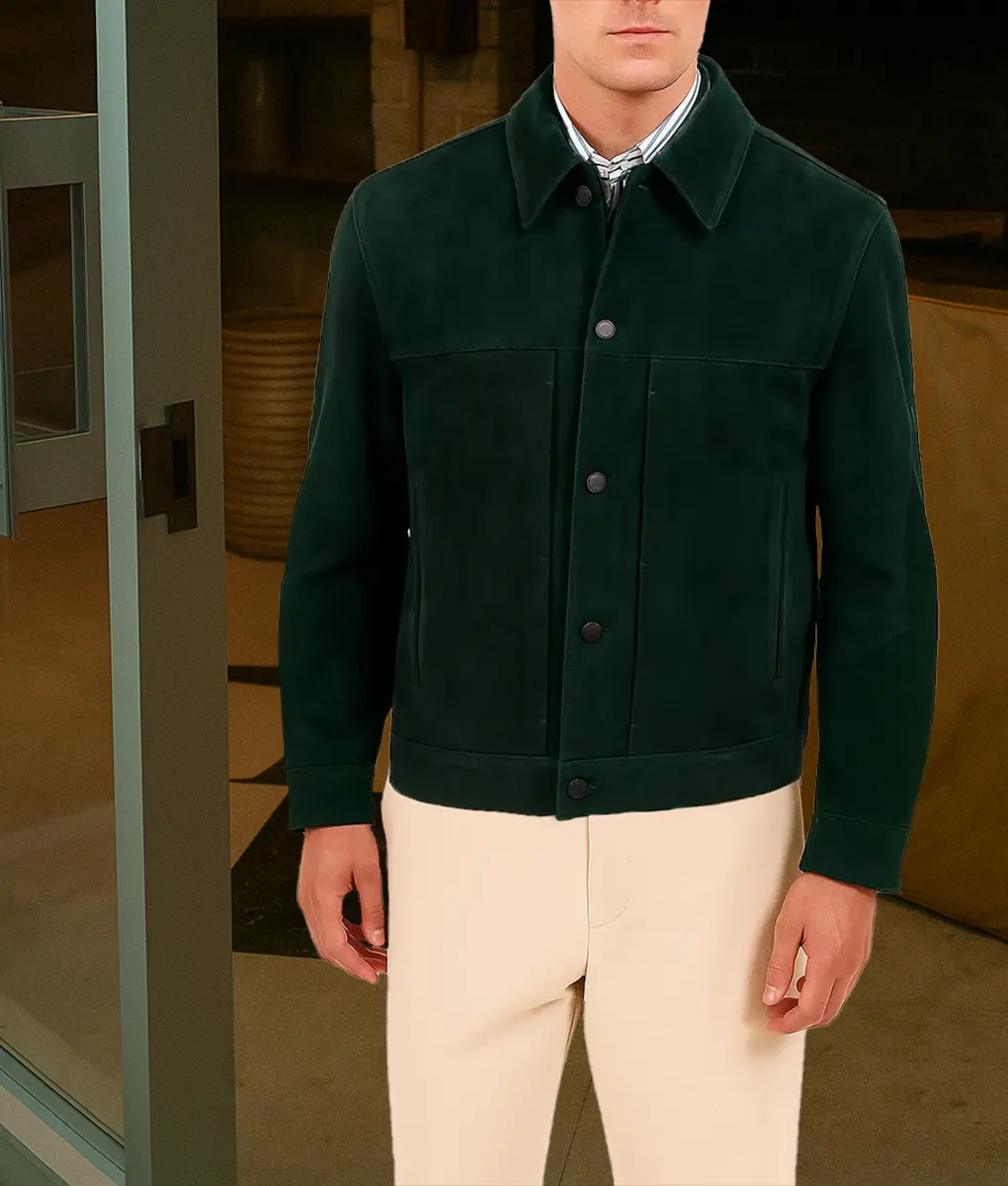 You Penn Badgley Green Suede Jacket-Front