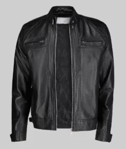 Brandon Men&rsquo;s Black Quilted Cafe Racer Leather Jacket - Clearance Item-Front View1