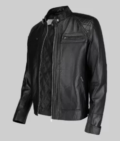 Brandon Men&rsquo;s Black Quilted Cafe Racer Leather Jacket - Clearance Item-Side View