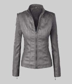 Chloe Women's Grey Biker Leather Jacket - Clearance Item-Front View