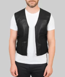Jonas Men&rsquo;s Biker Style Black Leather Vest-Front