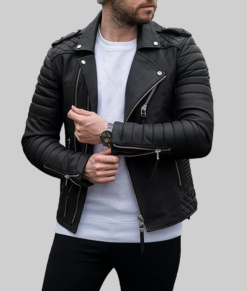 Leo Men's Black Biker Leather Jacket - Clearance Item-Front View