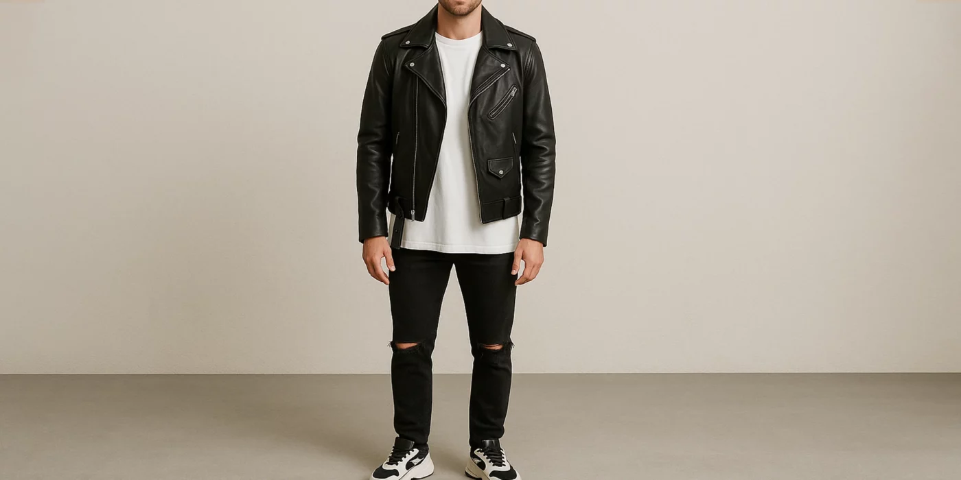 black leather jacket outfit men