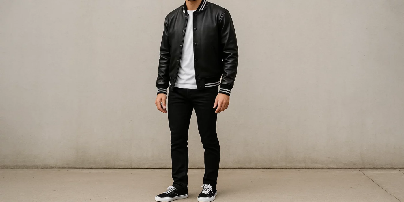 black leather jacket outfit men