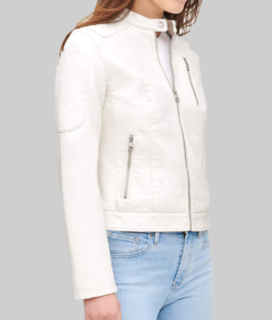 Tina Women's White Quilted Biker Jacket - Clearance Item-Side