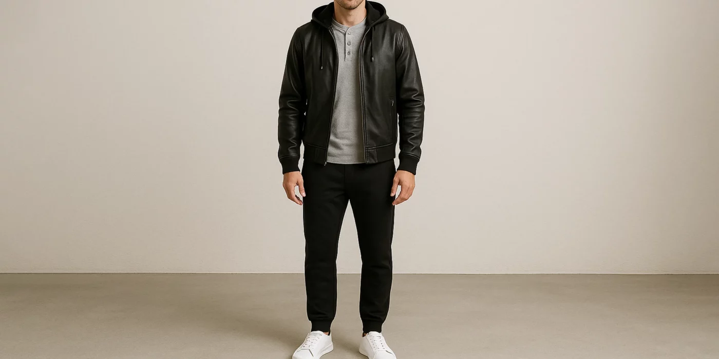 black leather jacket outfit men