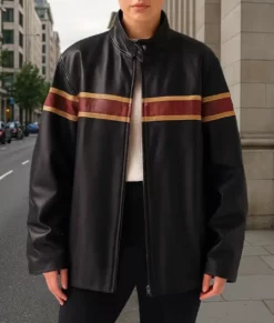 90&rsquo;s Women Oversized Cafe Racer Leather Jacket-Front