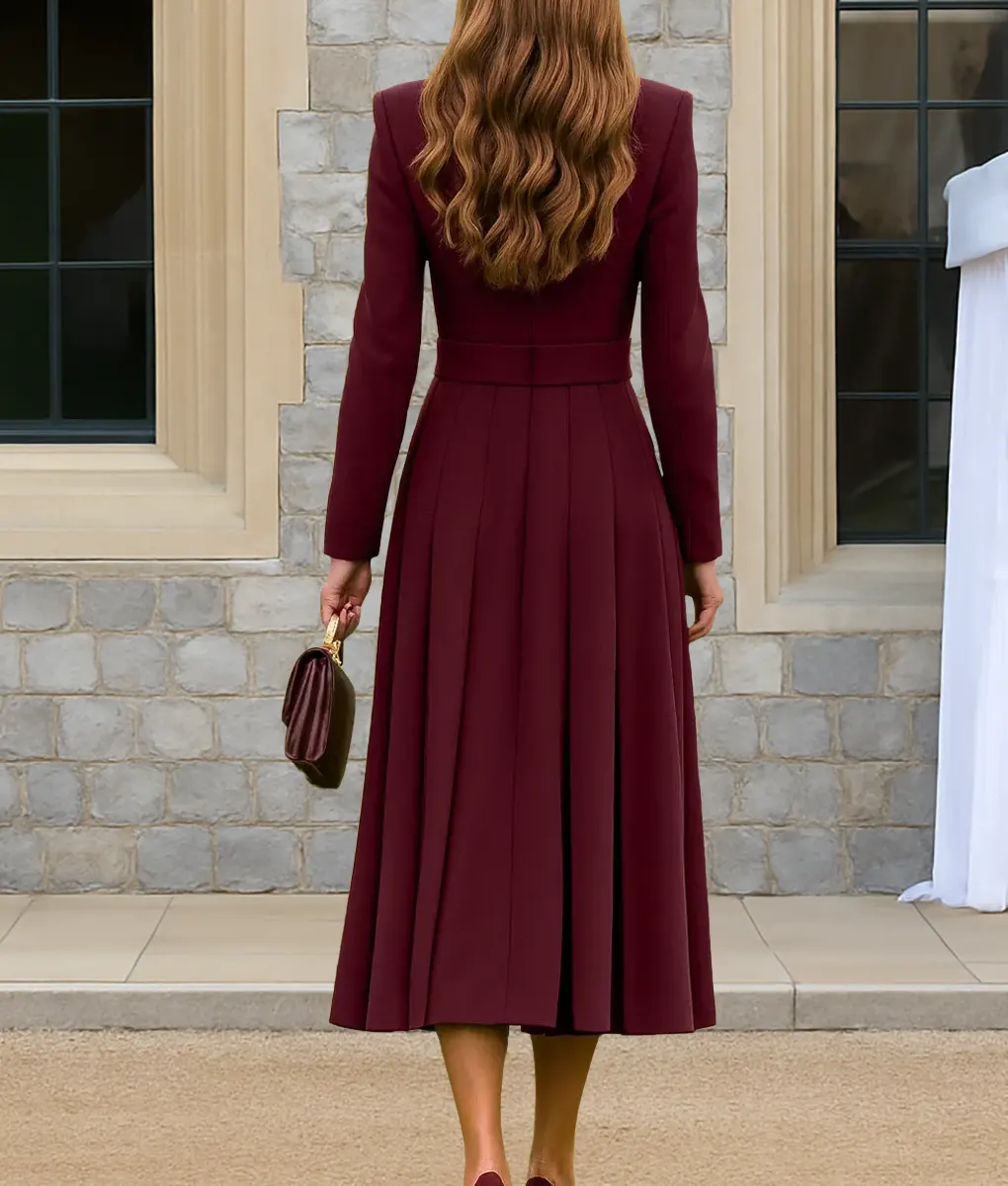 red dress brown coat Georgina Knit Midi Dress