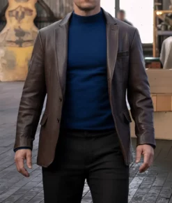 Play Dirty Mark Wahlberg Brown Leather Blazer-Front