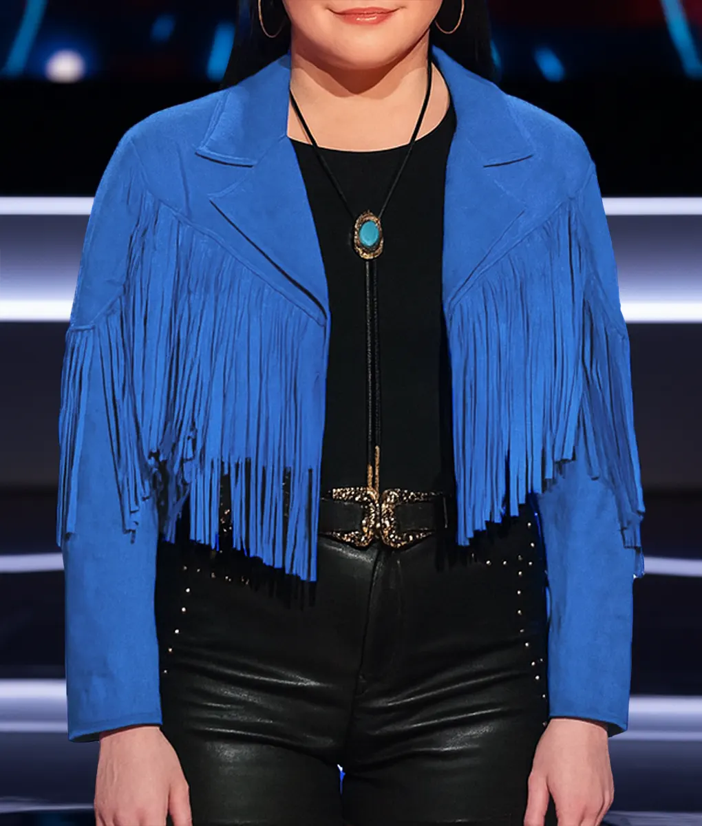 The Voice S27 Hailey Wright Blue Fringed Jacket-Front