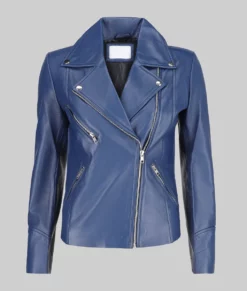 Ashley Women&rsquo;s Blue Asymmetrical Leather Jacket - Clearance Item-Front View