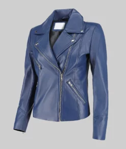 Ashley Women&rsquo;s Blue Asymmetrical Leather Jacket - Clearance Item-Side View