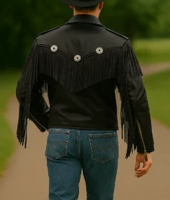 David Men&rsquo;s Biker Fringed Leather Jacket - Clearance Item-Back View