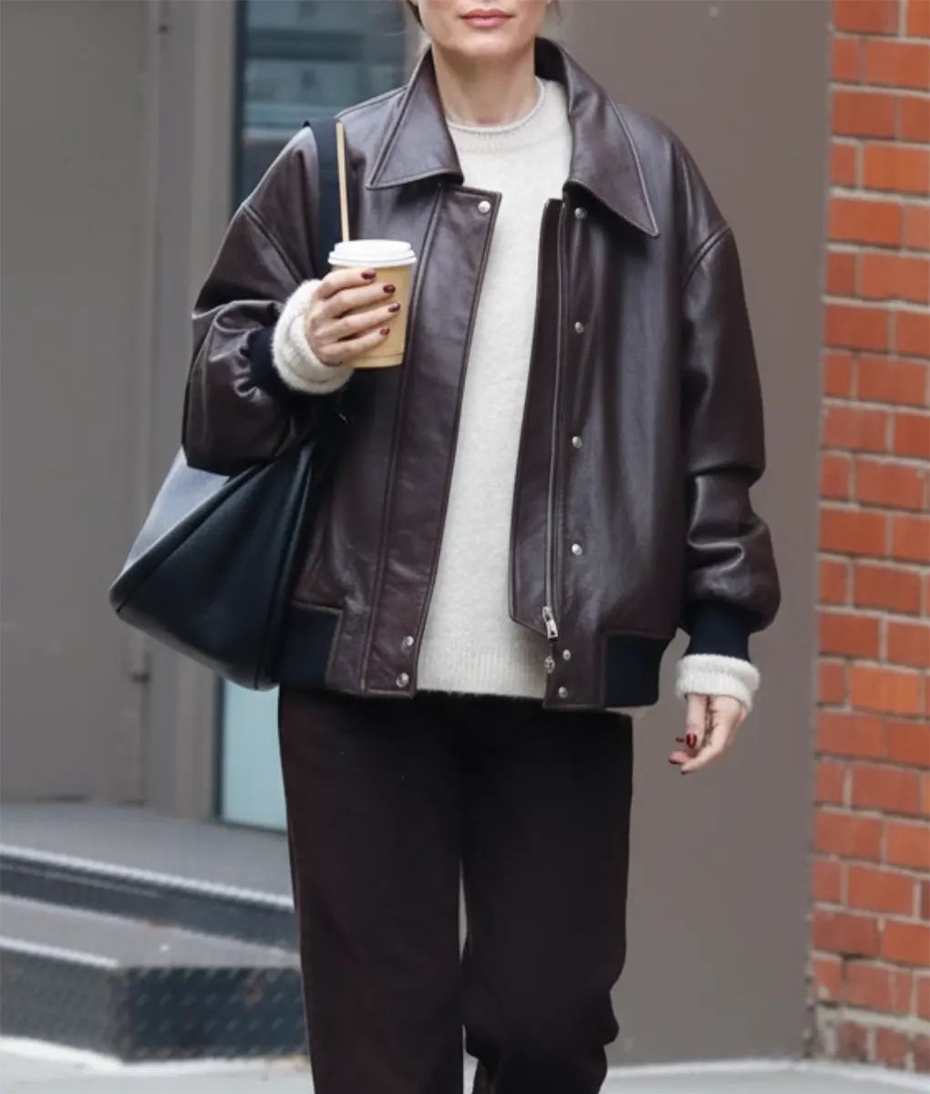 Leslie Mann Leather Bomber Jacket-Front