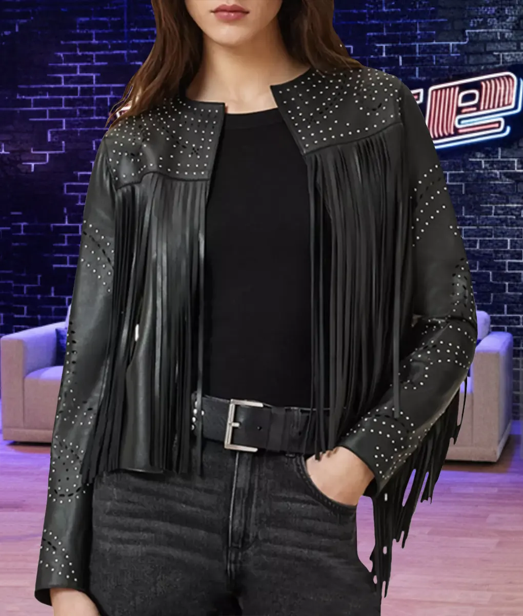 The Voice S28 Reba McEntire Black Fringe Leather Jacket | NYC Jackets