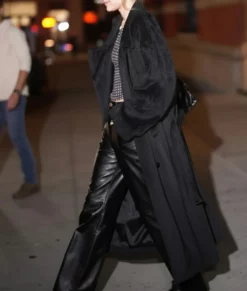Gigi Hadid Black Fur Trench Coat-Side