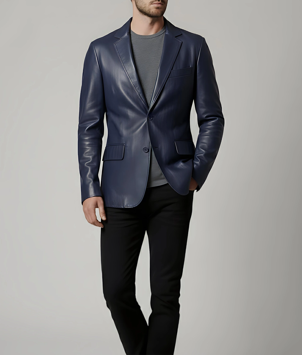 Matthew Men's Blue Leather Blazer - Men's Blue Leather Blazer-2