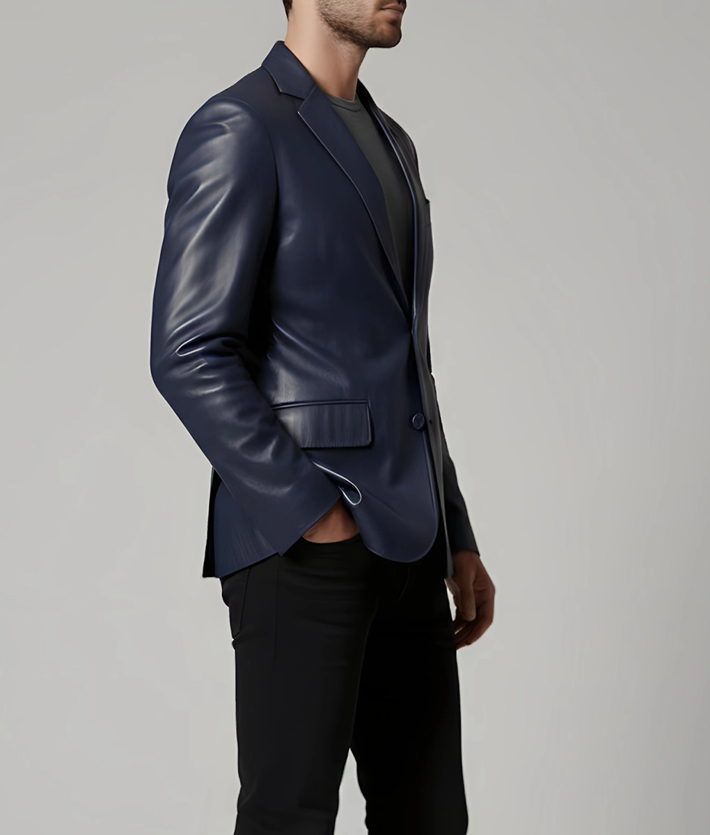 Matthew Men's Blue Leather Blazer - Men's Blue Leather Blazer-3