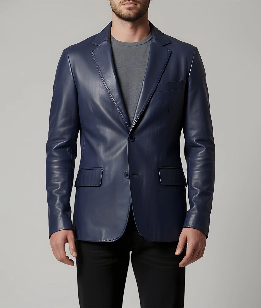 Matthew Men's Blue Leather Blazer - Men's Blue Leather Blazer-4