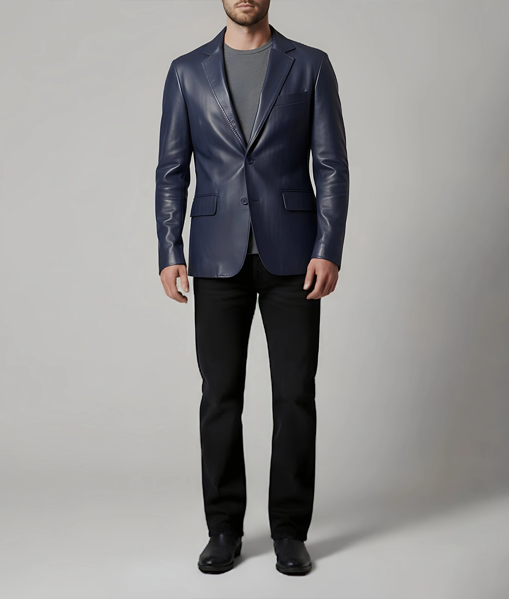 Matthew Men's Blue Leather Blazer - Men's Blue Leather Blazer-5