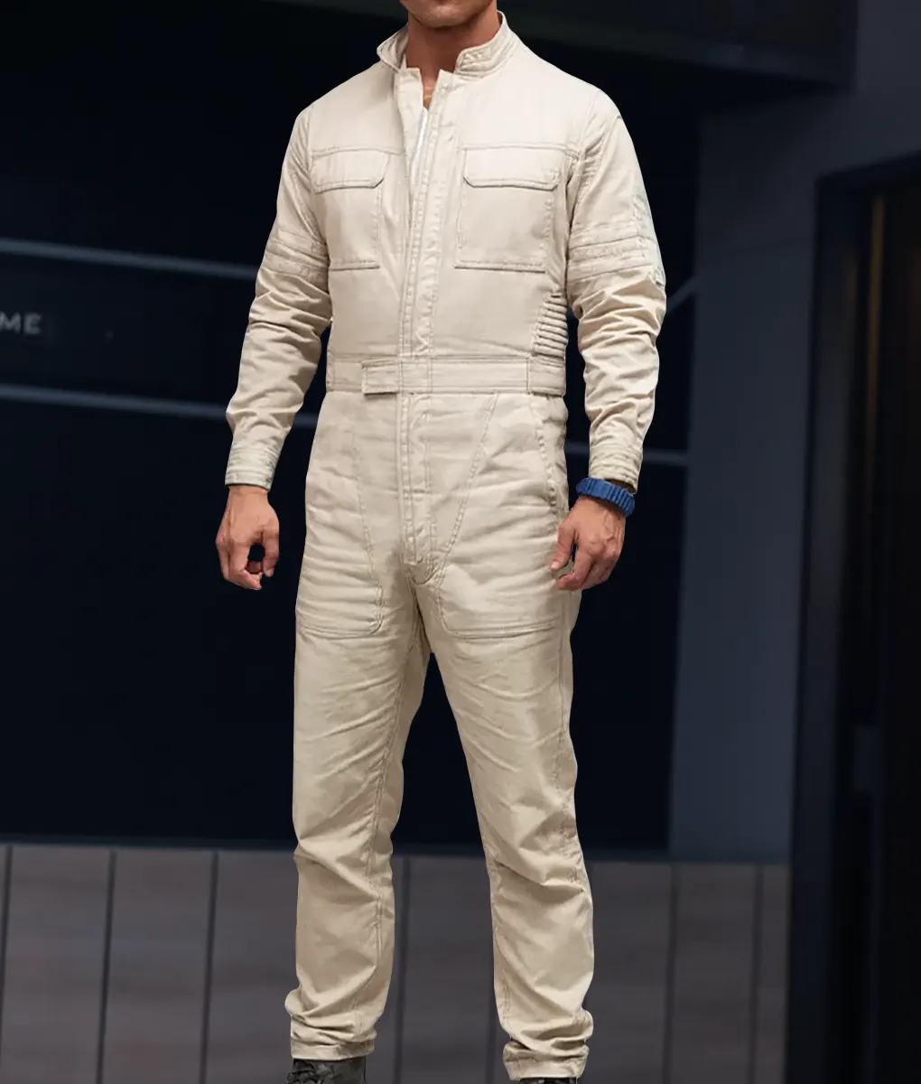 The Running Man Glen Powell Off White JumpSuit-Front