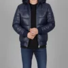 Cart Men's Blue Hooded Puffer Leather Jacket - Men's Blue Hooded Puffer Leather Jacket-1