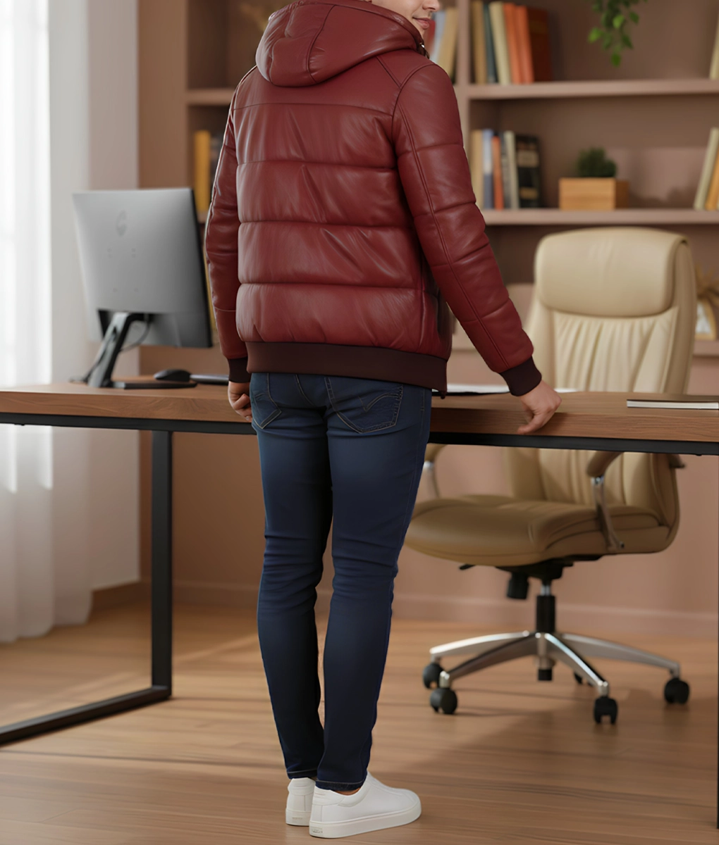 Cart Men's Maroon Hooded Puffer Leather Jacket - Men's Maroon Hooded Puffer Leather Jacket-4