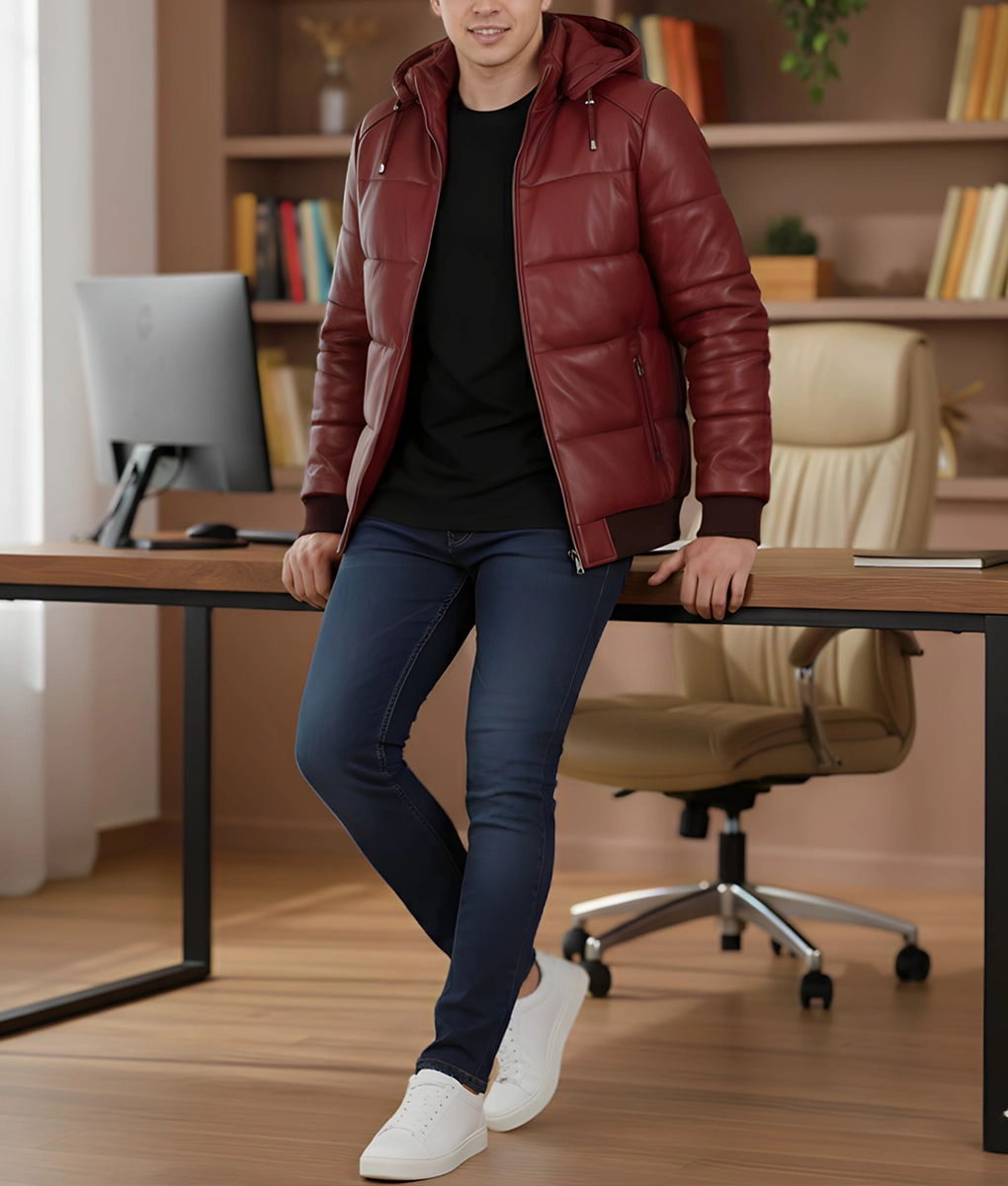 Cart Men's Maroon Hooded Puffer Leather Jacket - Men's Maroon Hooded Puffer Leather Jacket-5