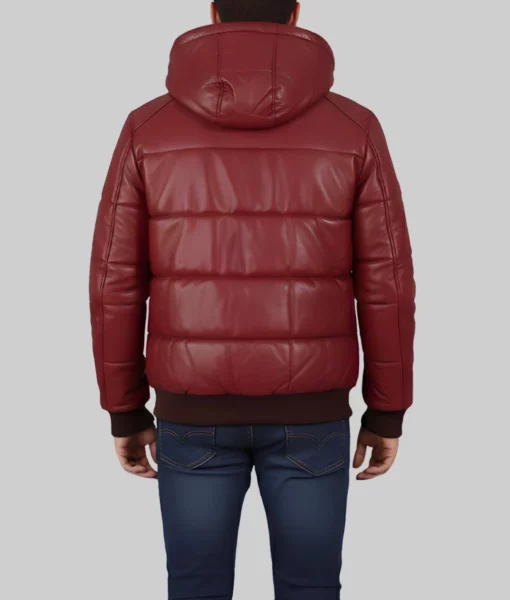 Cart Men's Maroon Hooded Puffer Leather Jacket-Back