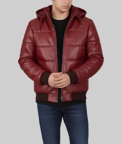Cart Men's Maroon Hooded Puffer Leather Jacket-Front
