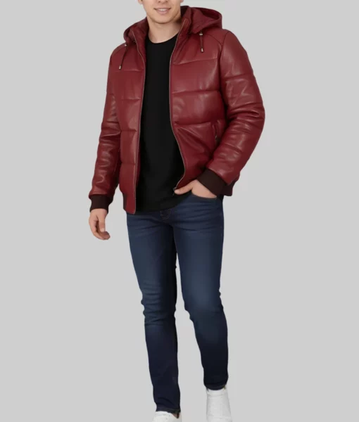 Cart Men's Maroon Hooded Puffer Leather Jacket-Side Full