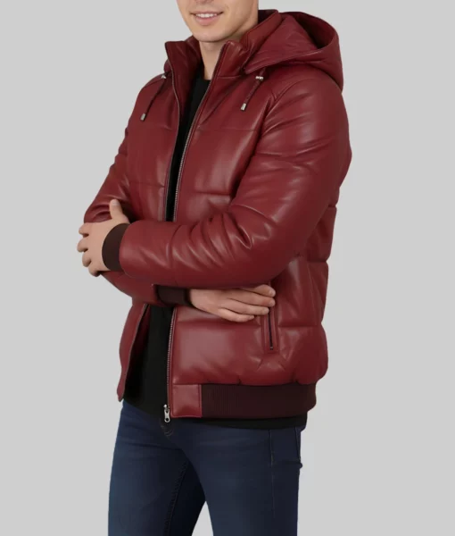 Cart Men's Maroon Hooded Puffer Leather Jacket-Side