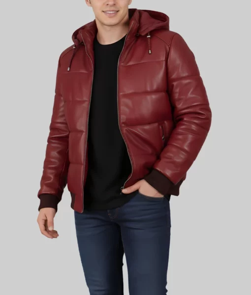 Cart Men's Maroon Hooded Puffer Leather Jacket-Side1
