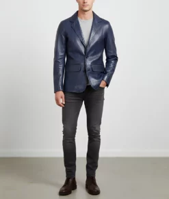 Dean Men's Blue Vintage Leather Blazer - Men's Blue Leather Blazer-5