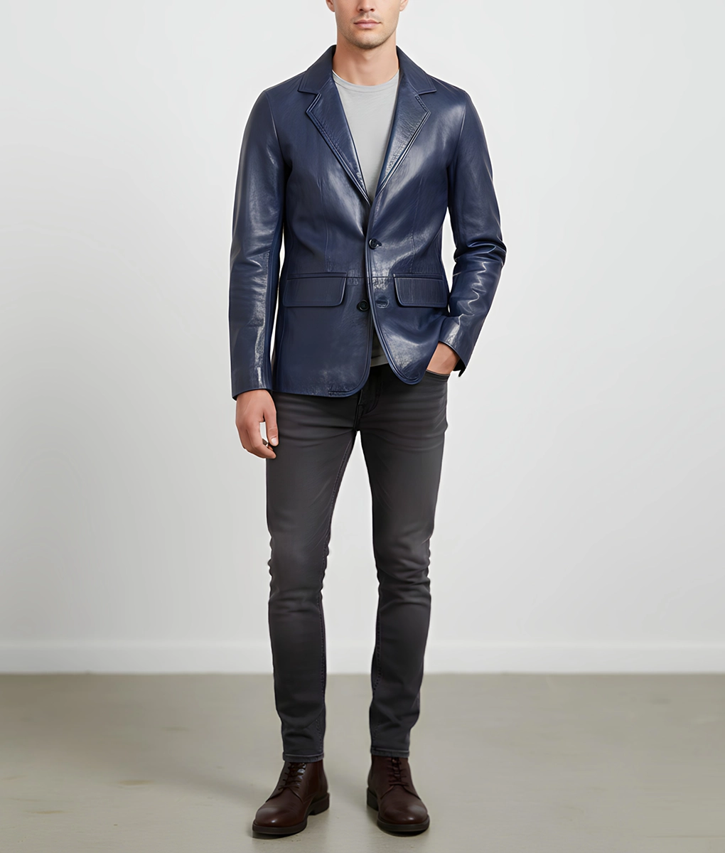 Dean Men's Blue Vintage Leather Blazer - Men's Blue Leather Blazer-5