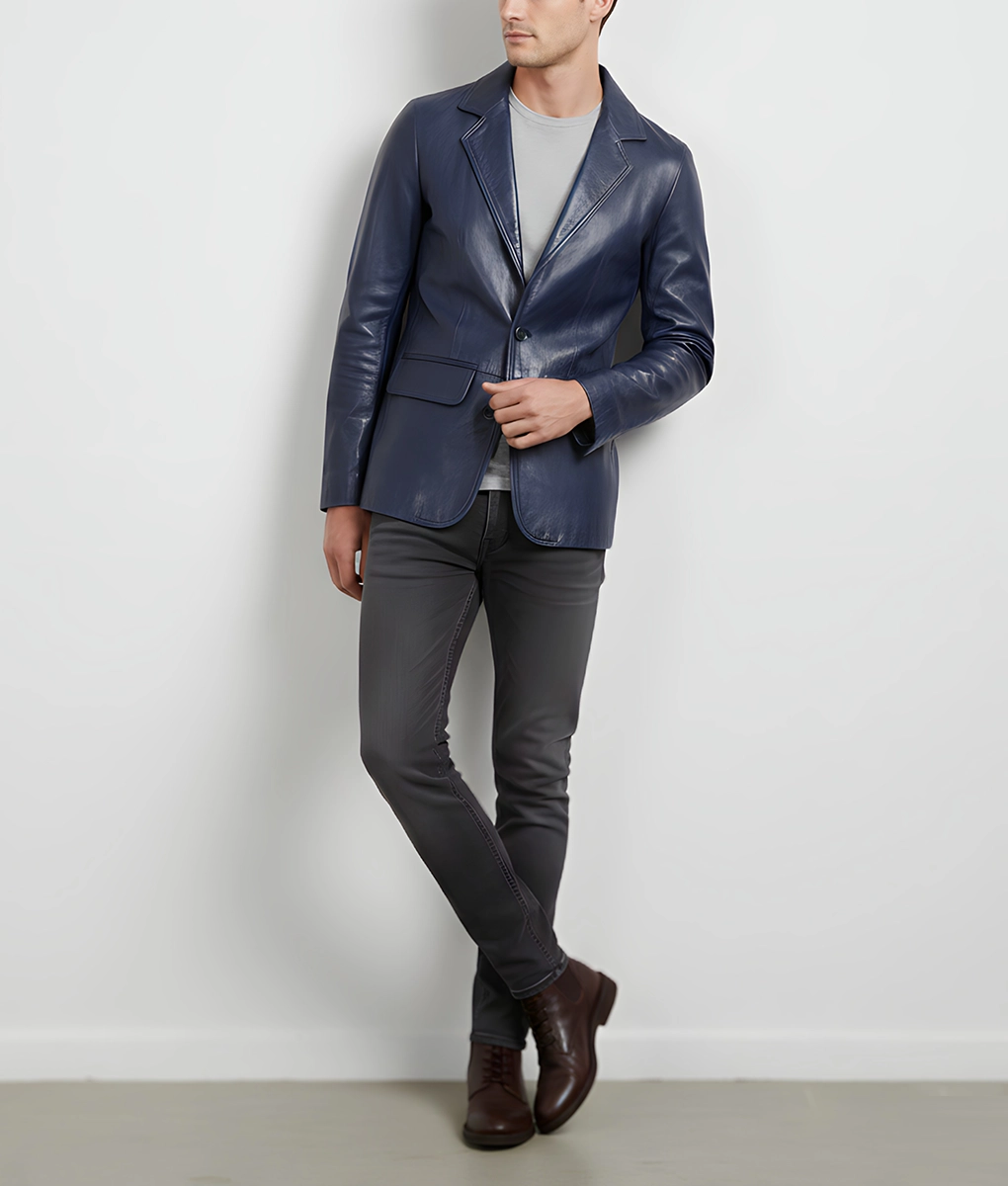 Dean Men's Blue Vintage Leather Blazer - Men's Blue Leather Blazer-6