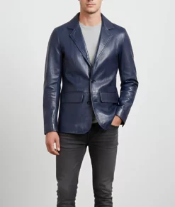 Dean Men's Blue Vintage Leather Blazer - Men's Blue Leather Blazer-7