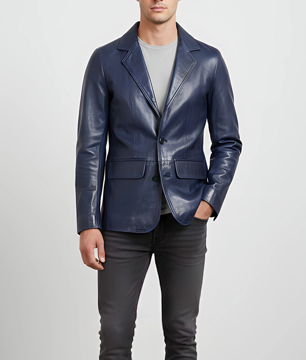 Dean Men's Blue Vintage Leather Blazer - Men's Blue Leather Blazer-7