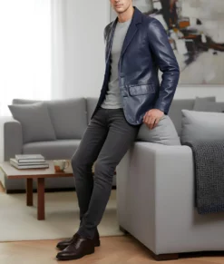 Dean Men's Blue Vintage Leather Blazer - Men's Blue Leather Blazer-3