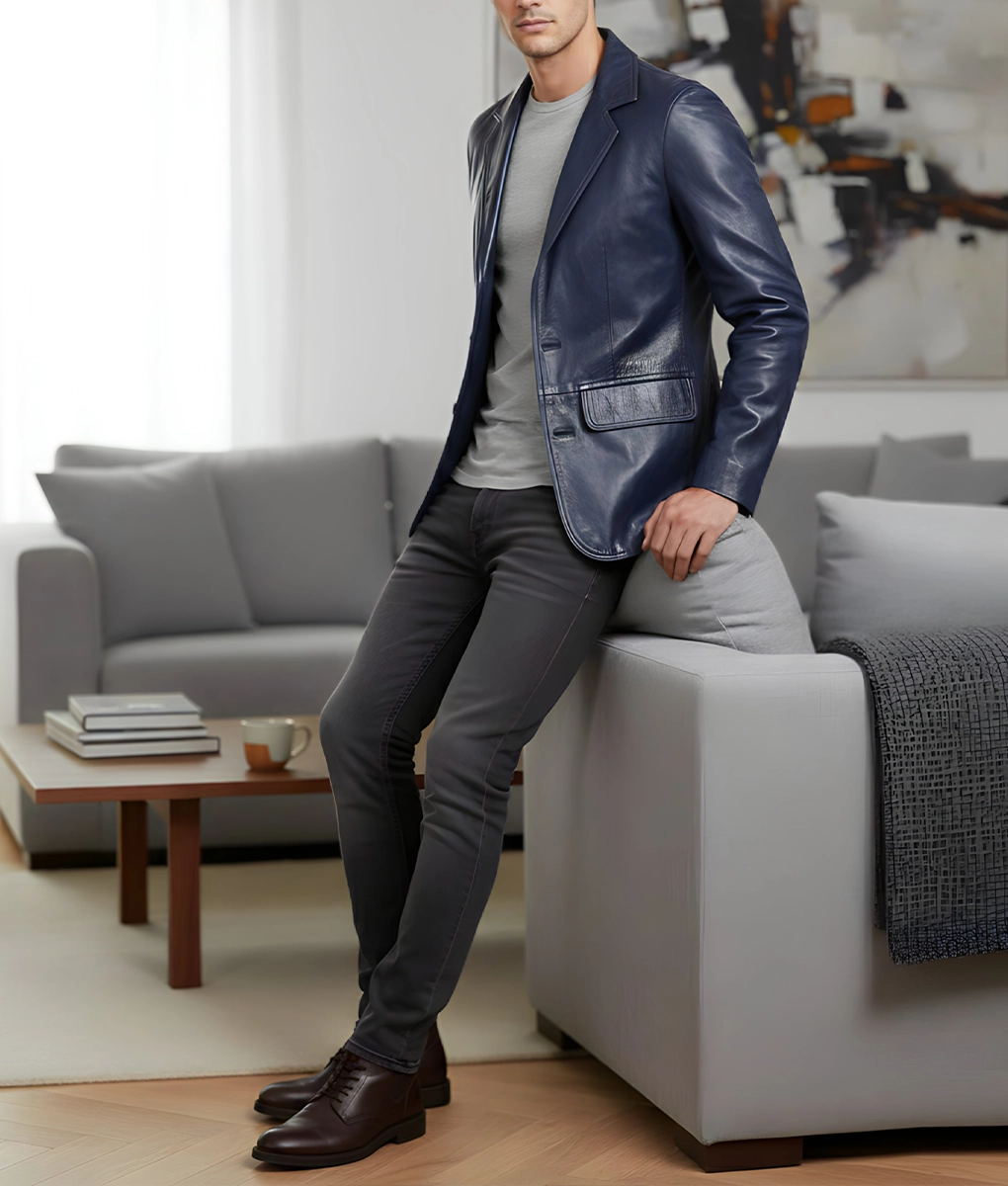Dean Men's Blue Vintage Leather Blazer - Men's Blue Leather Blazer-3