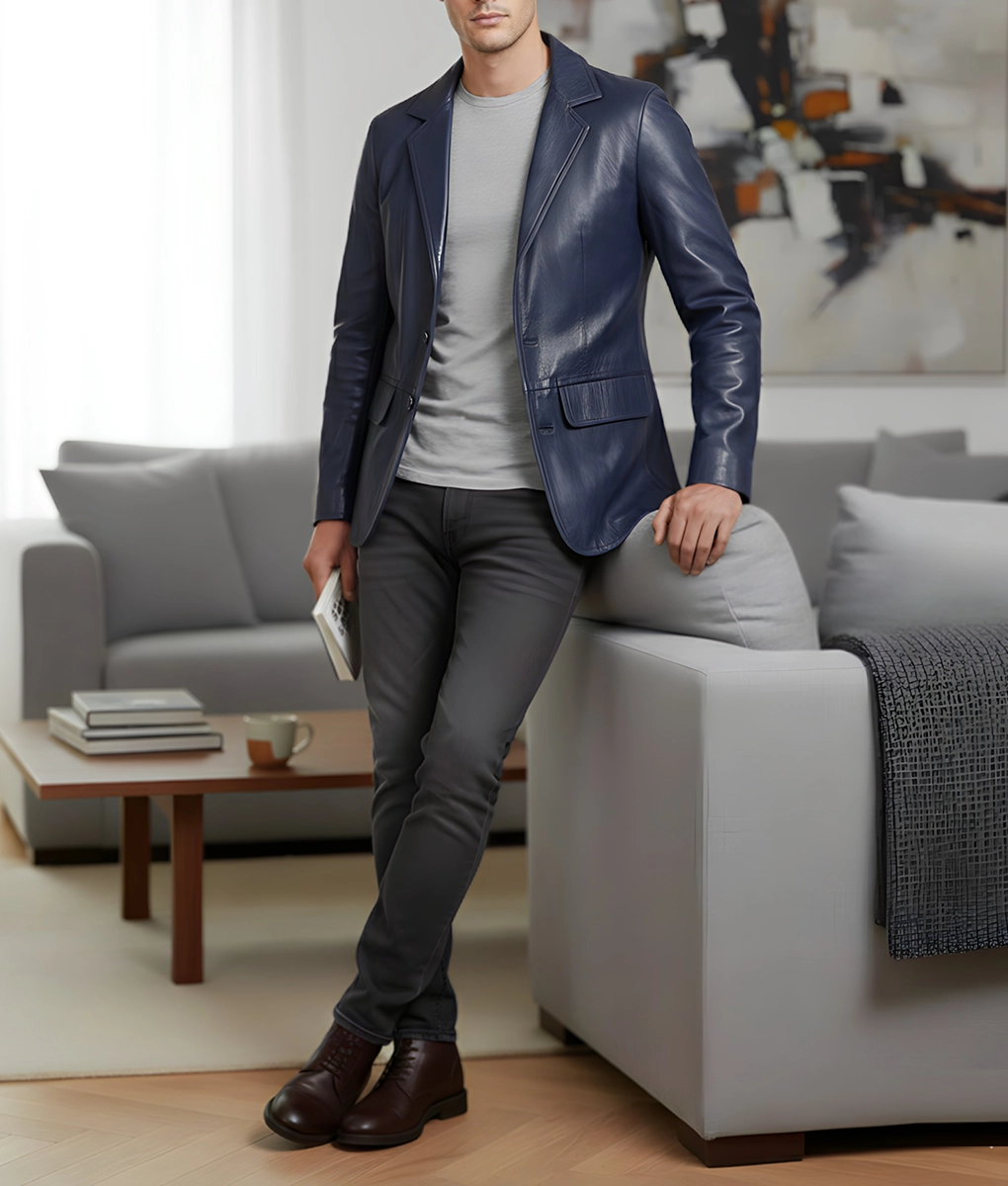 Dean Men's Blue Vintage Leather Blazer - Men's Blue Leather Blazer-4