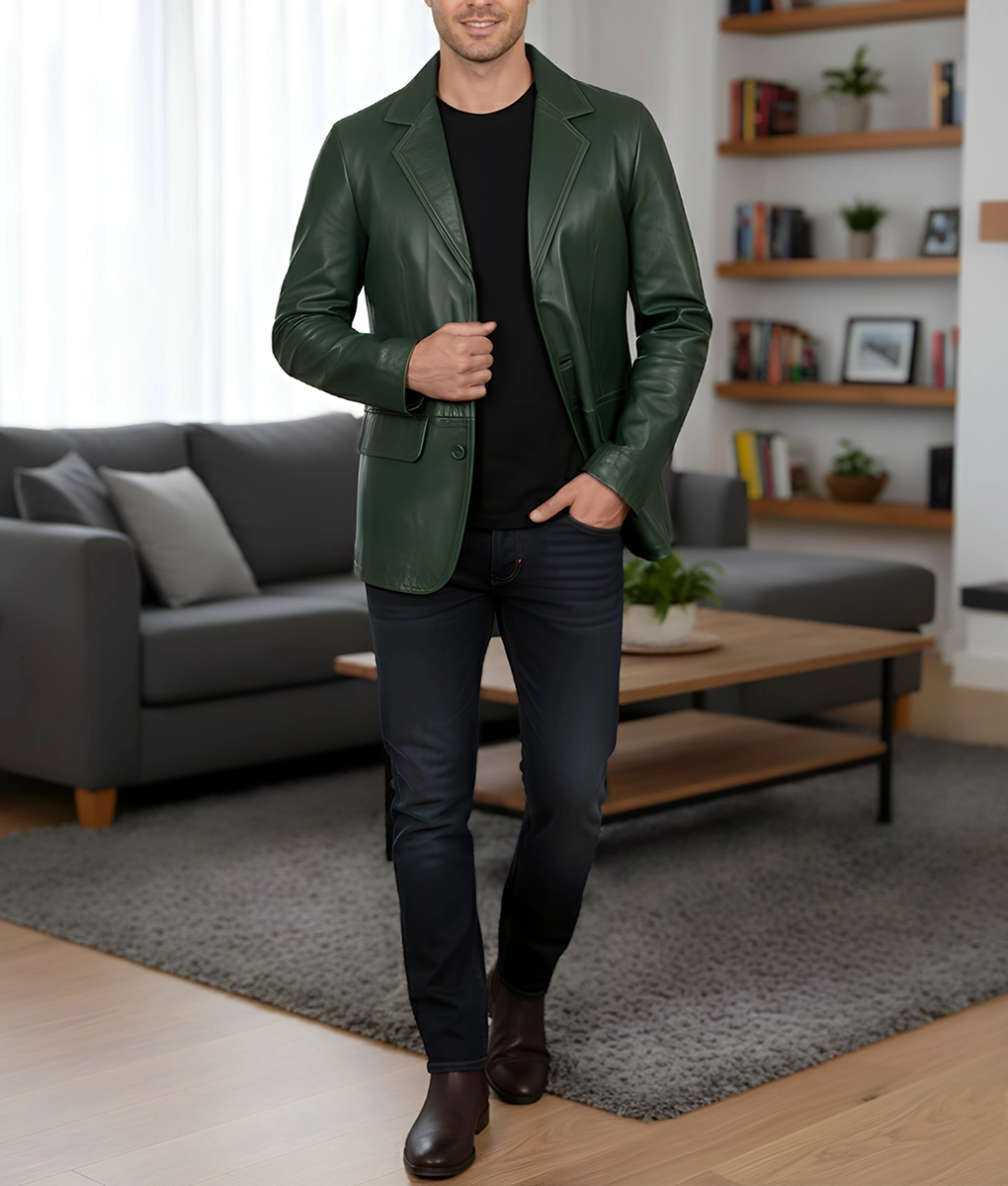 Dean Men's Green Vintage Leather Blazer - Men's Green Leather Blazer-8