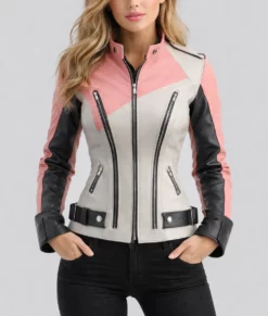 Eleanora Women's Color Block Biker Leather Jacket-Front